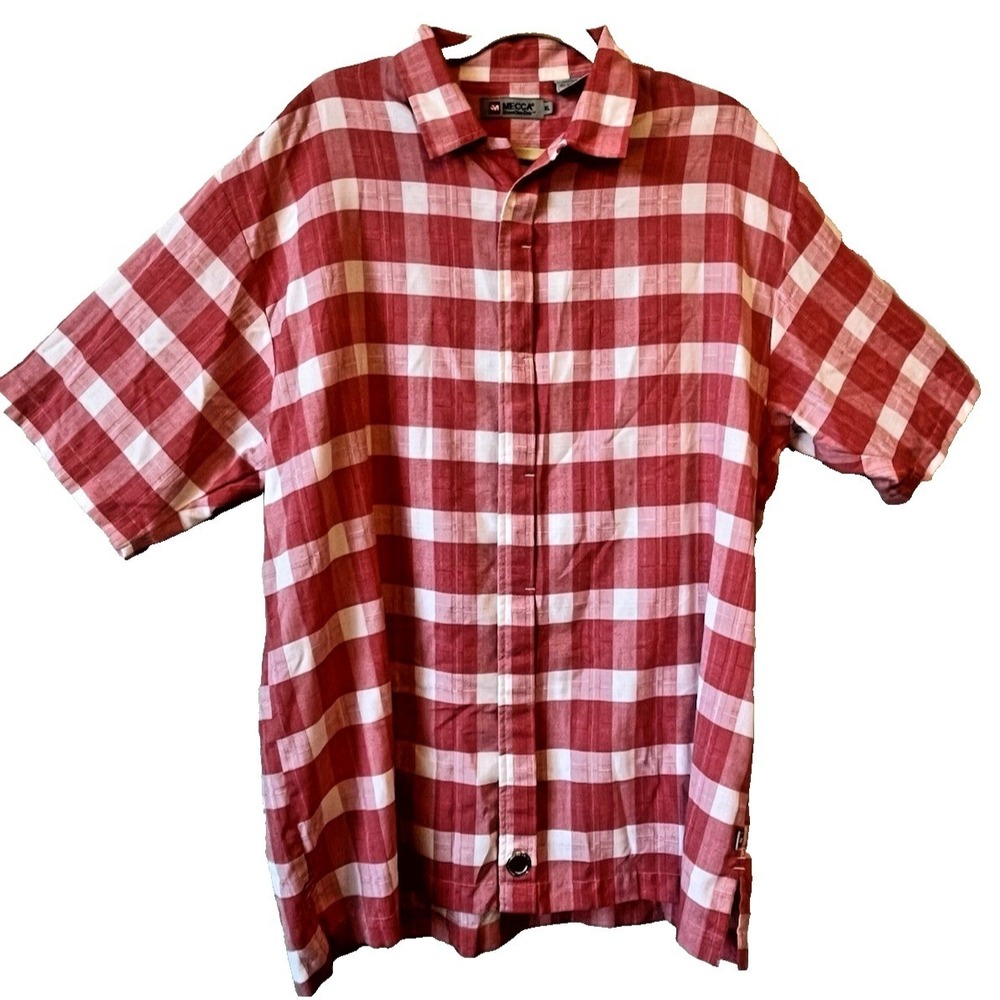 MECCA Shirt Mens XL Red Check Geometric Y2K Button Up Hip Hop Streetwear Vtg G18